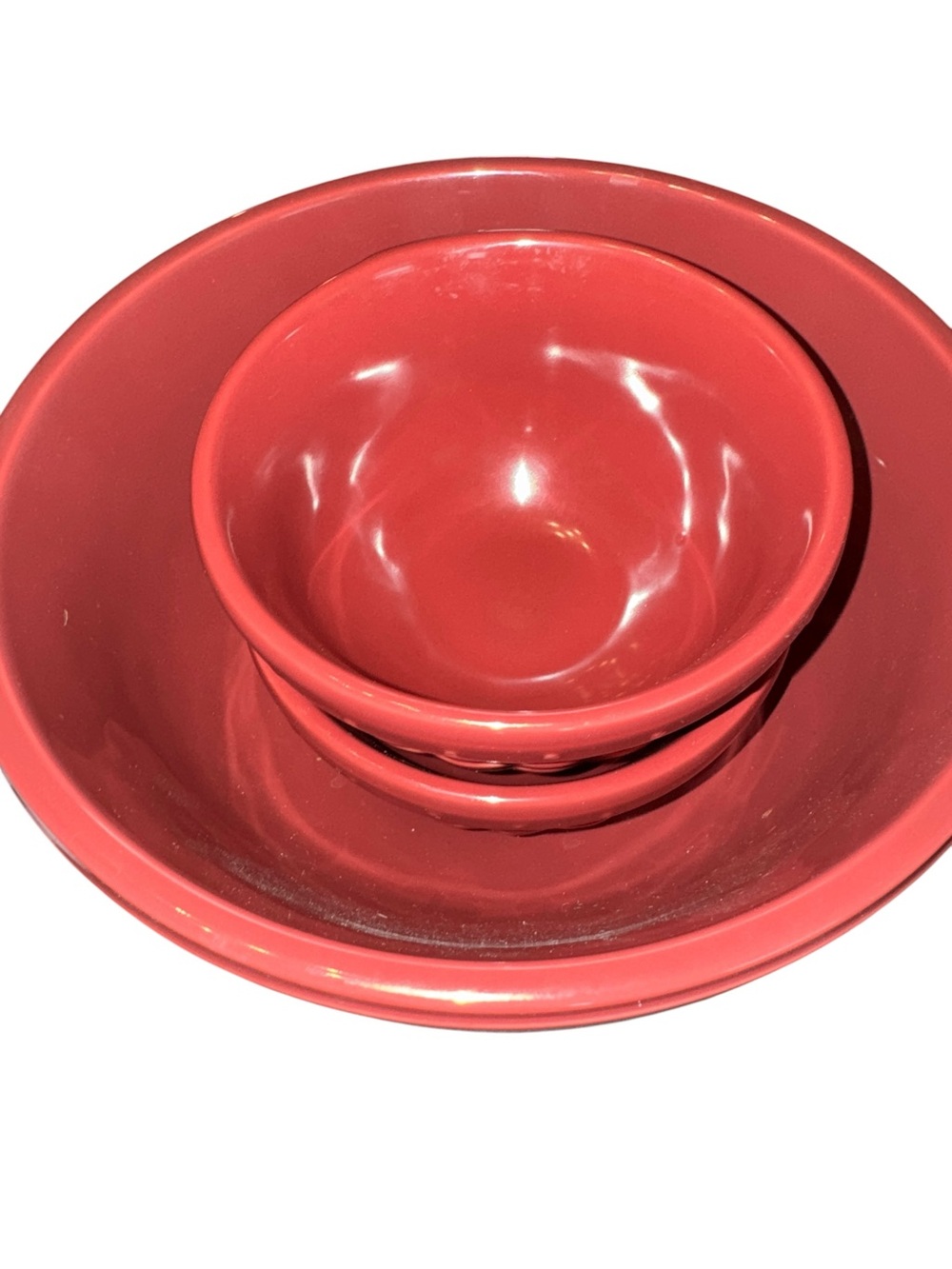 Longaberger Red Woven Basket Pottery Serving Bowl + 2 Small Bowls Set